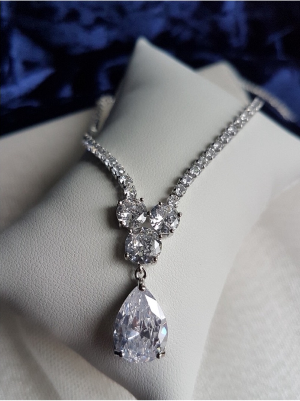 Swarovski Elements Platinum Plated Clear Tennis Necklace Teardrop Pendant NEW